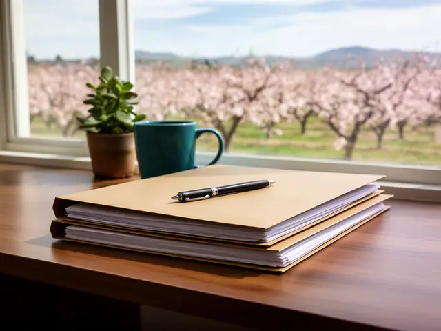 A neat stack of closed manila folders and a pen on a desk by a window.