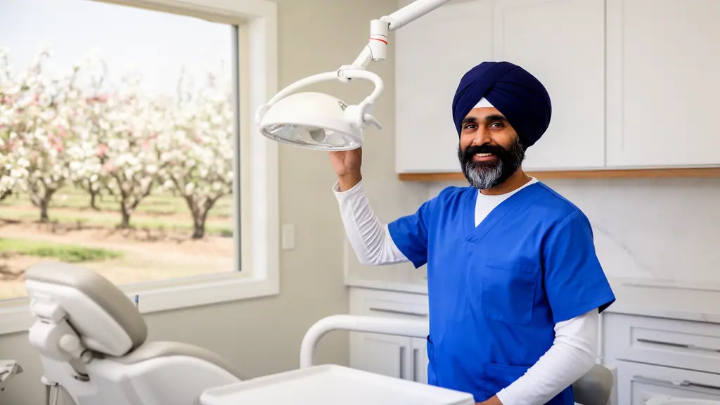 A smiling dentist in a navy turban and blue scrubs adjusting the overhead light beside a new dental chair, orchards in.